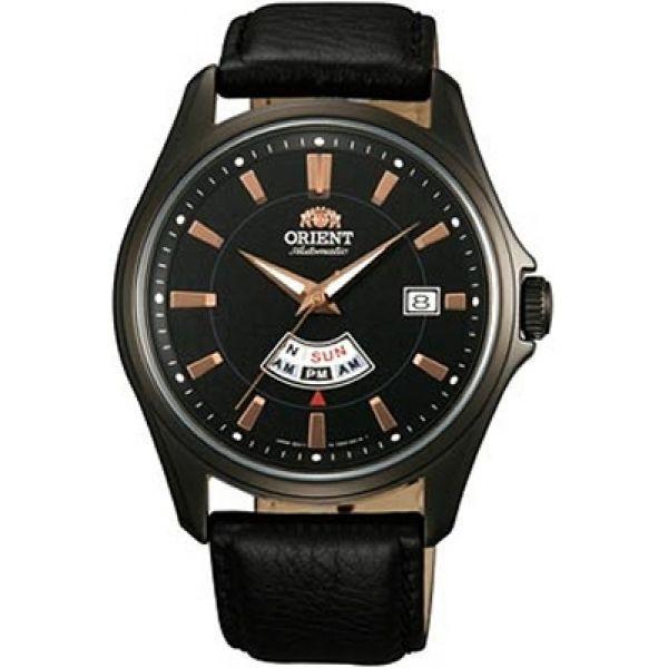 Orient Orient FN02001B (FFN02001B)  FFN02001B механические мужские часы черный циферблат, браслет кожа + текстиль — вид спереди