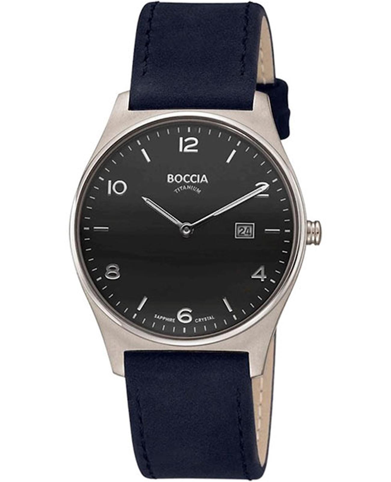 Boccia Titanium Boccia Titanium 3655-02  3655-02 кварцевые мужские часы черный циферблат, браслет кожаный — вид спереди