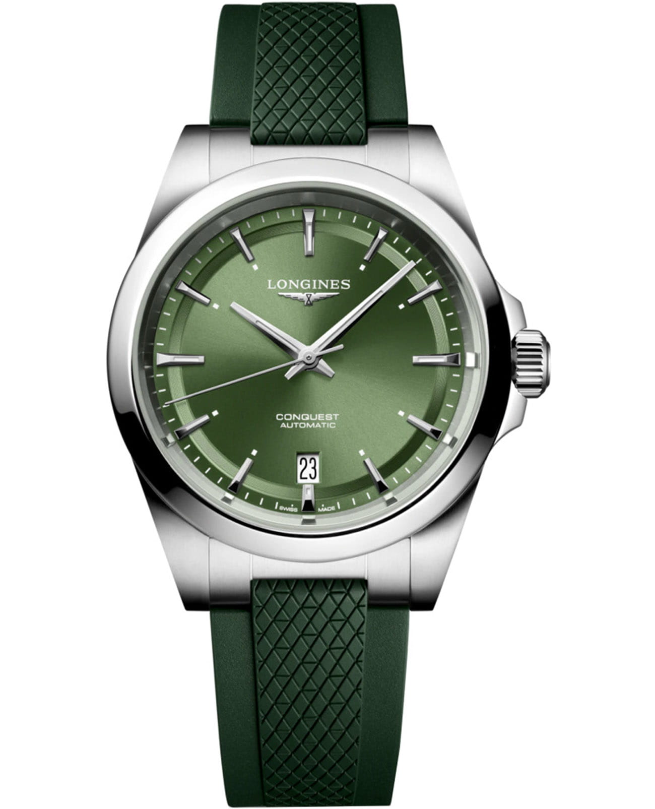 Longines Longines Conquest L3.720.4.02.9  L37204029 механические женские часы зеленый циферблат, браслет каучук — вид спереди