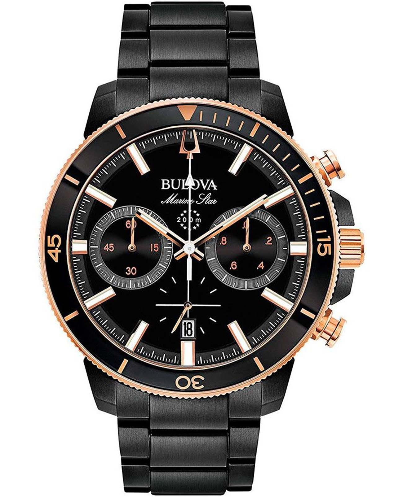 Bulova Bulova Marine Star 98B302  98B302 кварцевые мужские часы черный циферблат, браслет нержавеющая сталь с ip-покрытием — вид спереди