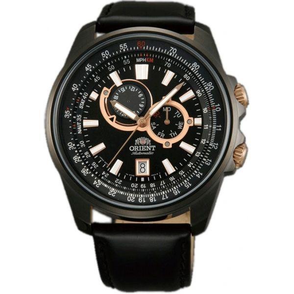Orient Orient ET0Q002B (FET0Q002B)  FET0Q002B механические мужские часы черный циферблат, браслет кожа + текстиль — вид спереди