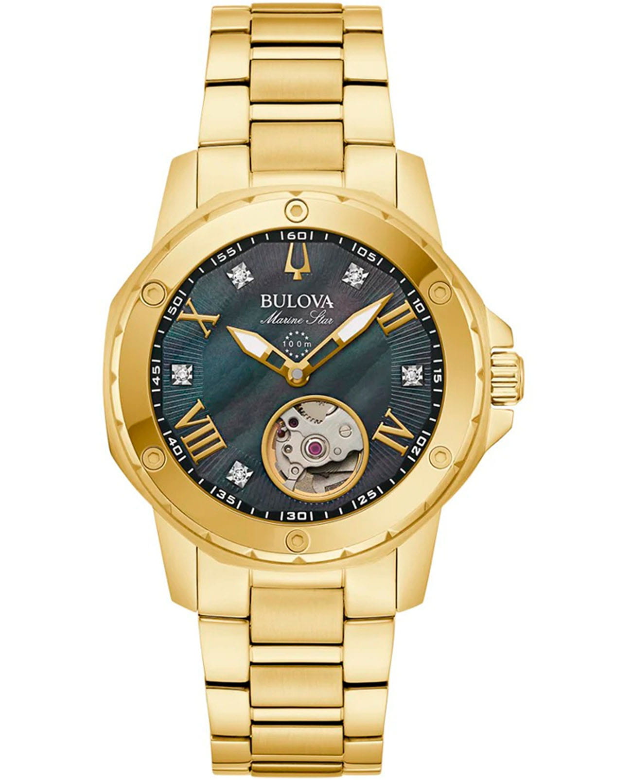 Bulova Bulova Marine Star Ladies 97P171  97P171 механические женские часы черный циферблат, браслет нержавеющая сталь с ip-покрытием — вид спереди