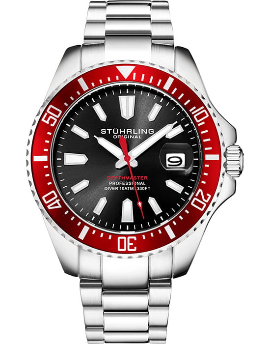 Stuhrling Stuhrling Depthmaster 3950A.4  3950A.4 кварцевые мужские часы черный циферблат, браслет нержавеющая сталь — вид спереди