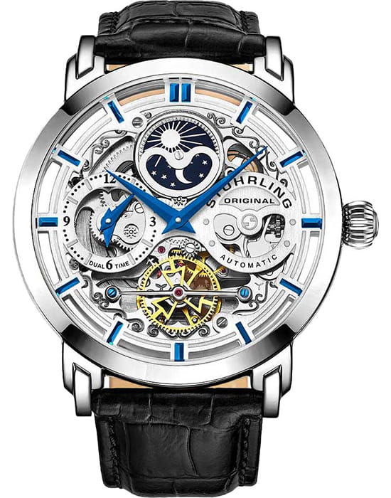 Stuhrling Stuhrling Legacy 3924.1  3924.1 механические мужские часы серебристый циферблат, браслет кожаный — вид спереди
