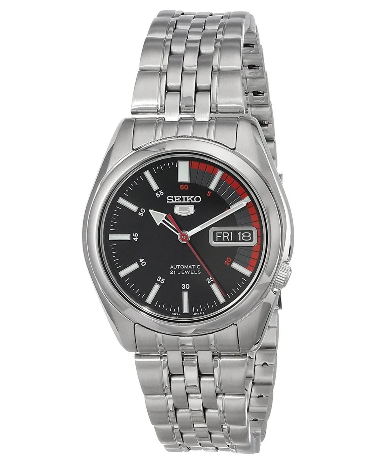 Seiko Seiko Seiko 5 SNK375J1  SNK375J1 механические мужские часы черный циферблат, браслет нержавеющая сталь — вид спереди