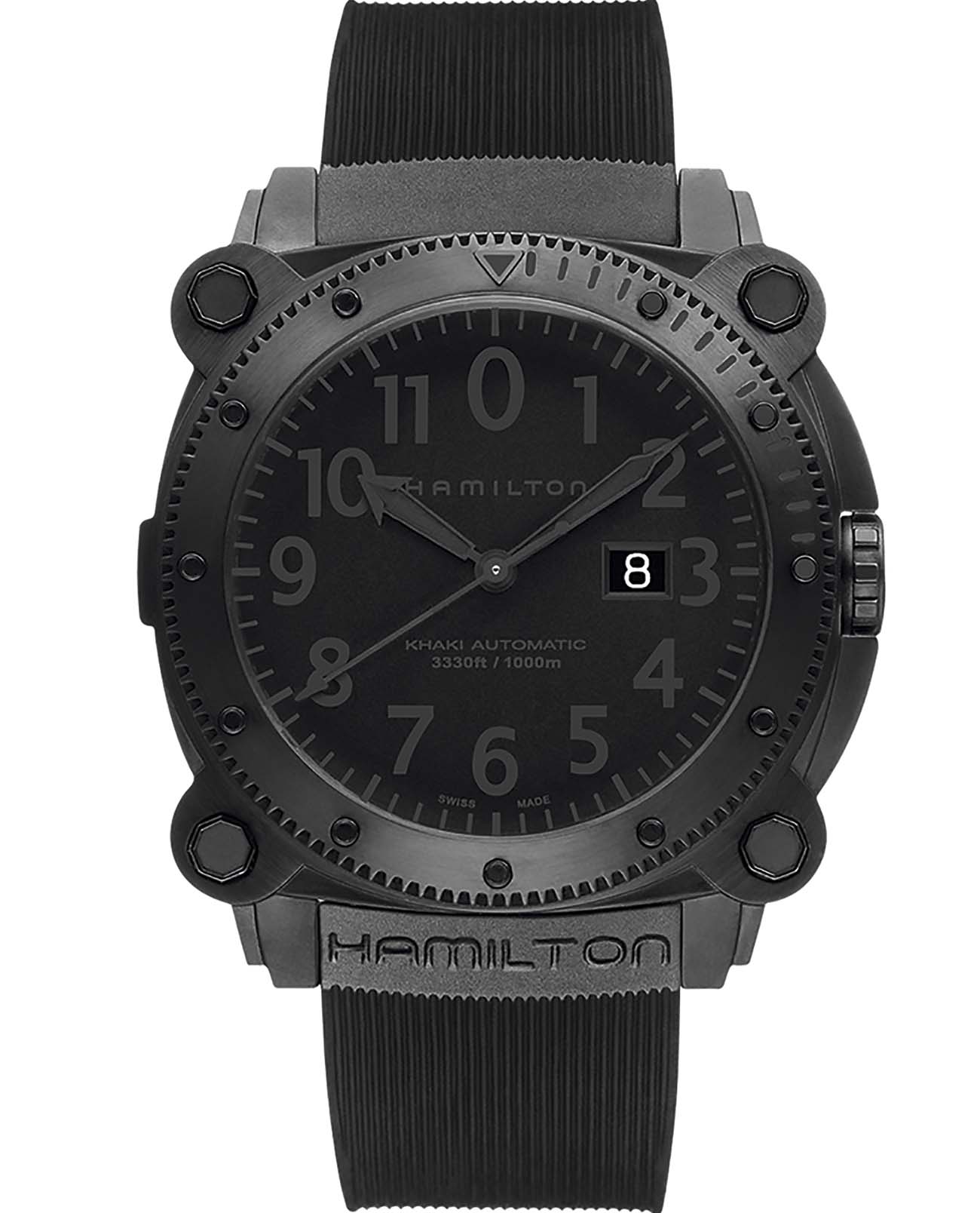 Hamilton Hamilton Khaki Navy BeLOWZERO 1000m Auto H78585333  H78585333 механические мужские часы черный циферблат, браслет каучук — вид спереди