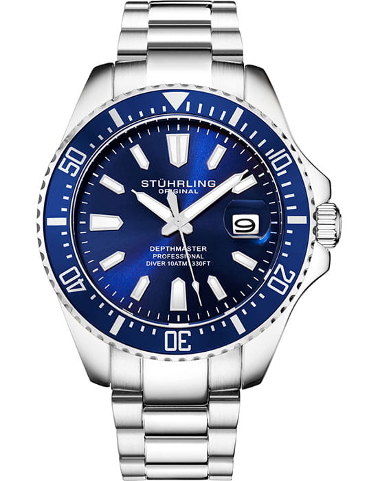 Stuhrling Stuhrling Depthmaster 3950A.2  3950A.2 кварцевые мужские часы синий циферблат, браслет нержавеющая сталь — вид спереди