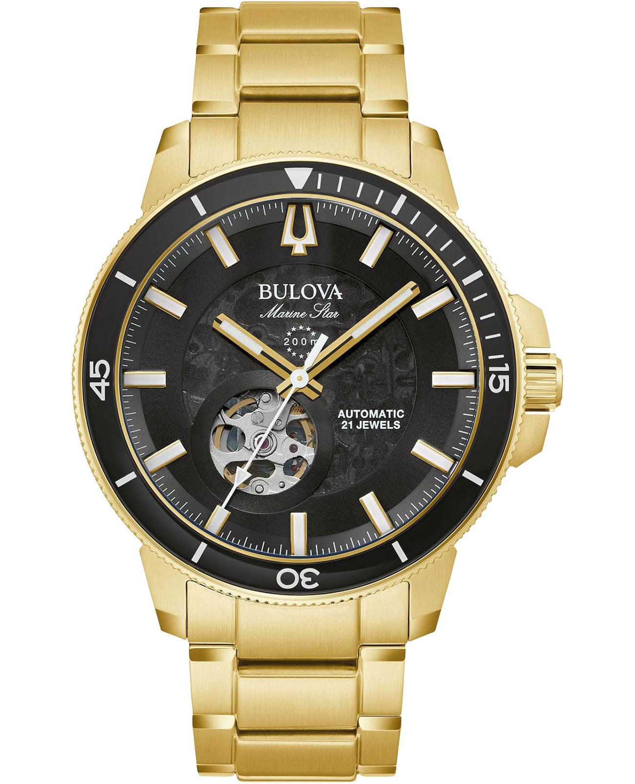 Bulova Bulova Marine Star 97A174  97A174 механические мужские часы черный циферблат, браслет нержавеющая сталь с ip-покрытием — вид спереди