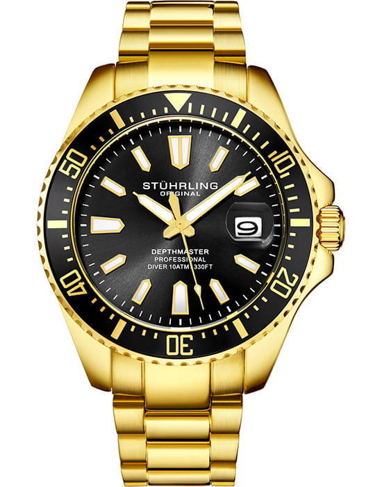 Stuhrling Stuhrling Aquadiver 3950A.7  3950A.7 кварцевые мужские часы черный циферблат, браслет нержавеющая сталь с pvd-покрытием — вид спереди