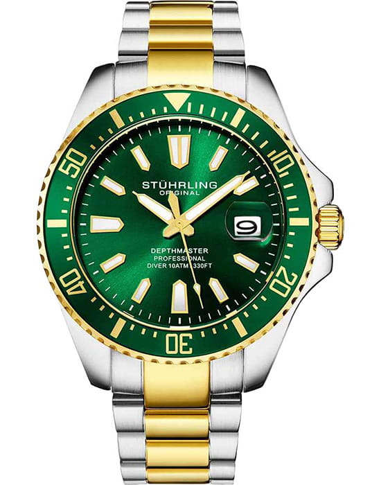 Stuhrling Stuhrling Aquadiver 3950A.6  3950A.5 кварцевые мужские часы зеленый циферблат, браслет нержавеющая сталь с pvd-покрытием — вид спереди